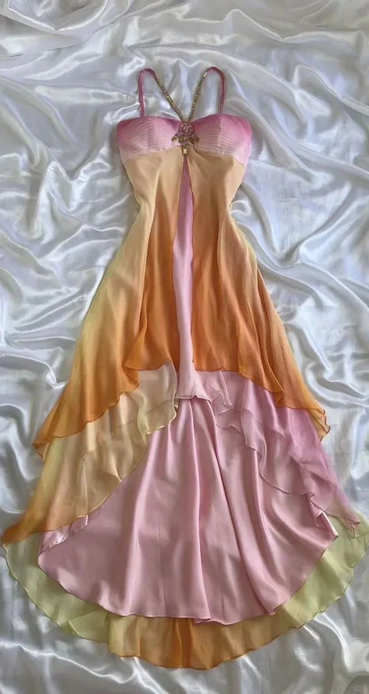 Colorful Spaghetti Strap Long Chiffon Party Dress Ball Gown nv4342
