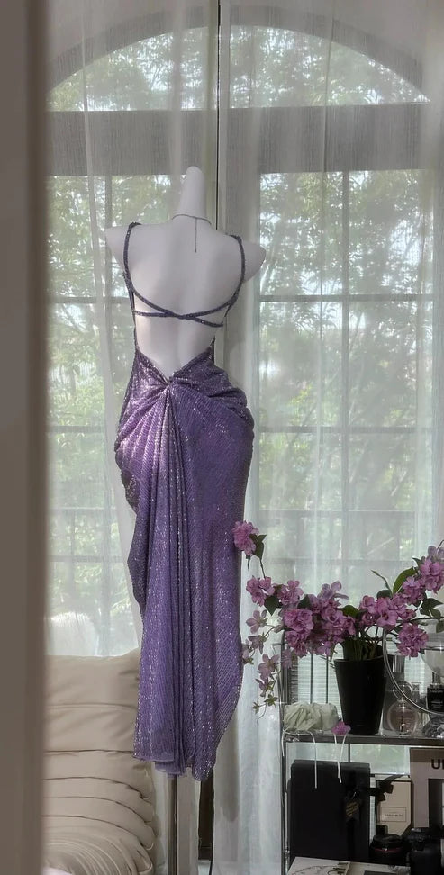 Purple Vintage Chiffon Beaded Bodycon Elegant Backless Slit Prom Gown Evening Dress Party Dress nv4262