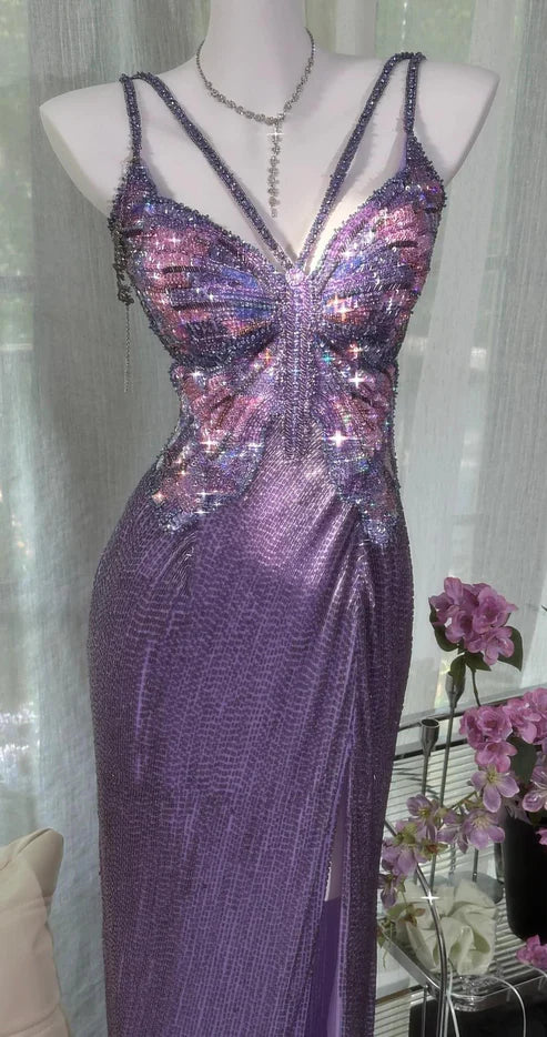 Purple Vintage Chiffon Beaded Bodycon Elegant Backless Slit Prom Gown Evening Dress Party Dress nv4262