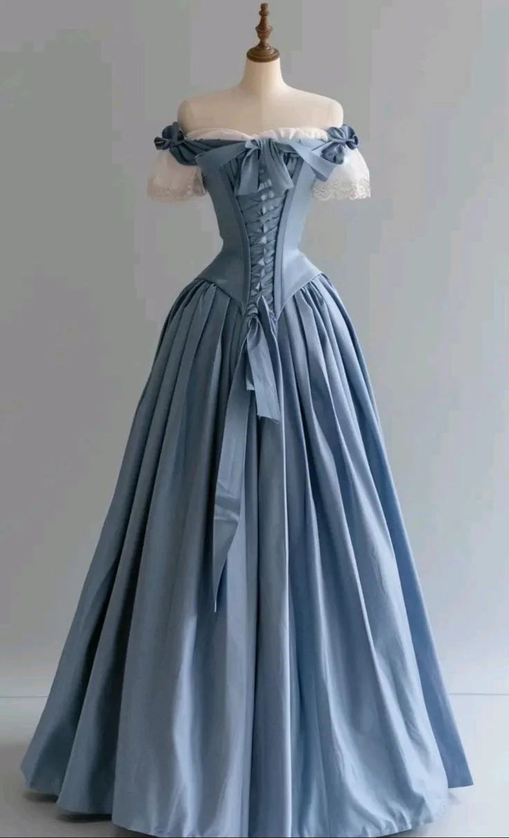 Robe de bal bleu clair style palais à lacets : épaules dénudées, manches en dentelle, taille baleinée, robe longue rétro de soirée NV6427