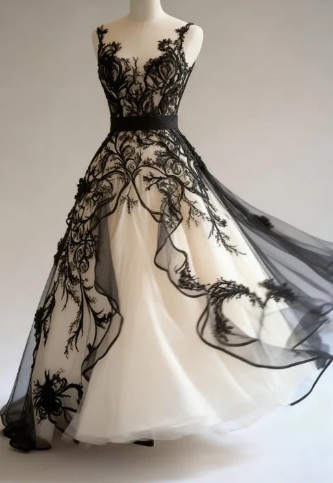 Robe gothique sans manches en tulle et dentelle à panneaux noirs et blancs NiceVestidos NV6201