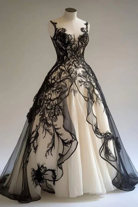 Robe gothique sans manches en tulle et dentelle à panneaux noirs et blancs NiceVestidos NV6201