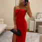 Red Off Shoulder Bow Slit Ball Gown Evening Dress nv2006