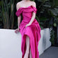Off Shoulder Short Sleeves Formal Evening Party Dress Satin Zipper Closure Floor Length Prom Gowns with Slit  nv1619
