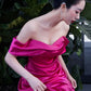 Off Shoulder Short Sleeves Formal Evening Party Dress Satin Zipper Closure Floor Length Prom Gowns with Slit  nv1619