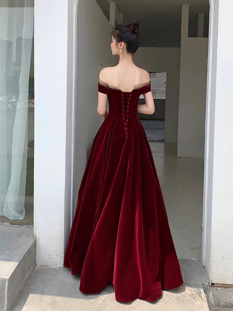 Elegant Burgundy Velvet A-Line Tie Floor Length Party Dress Deep Red Evening Gown Prom Dress nv1792