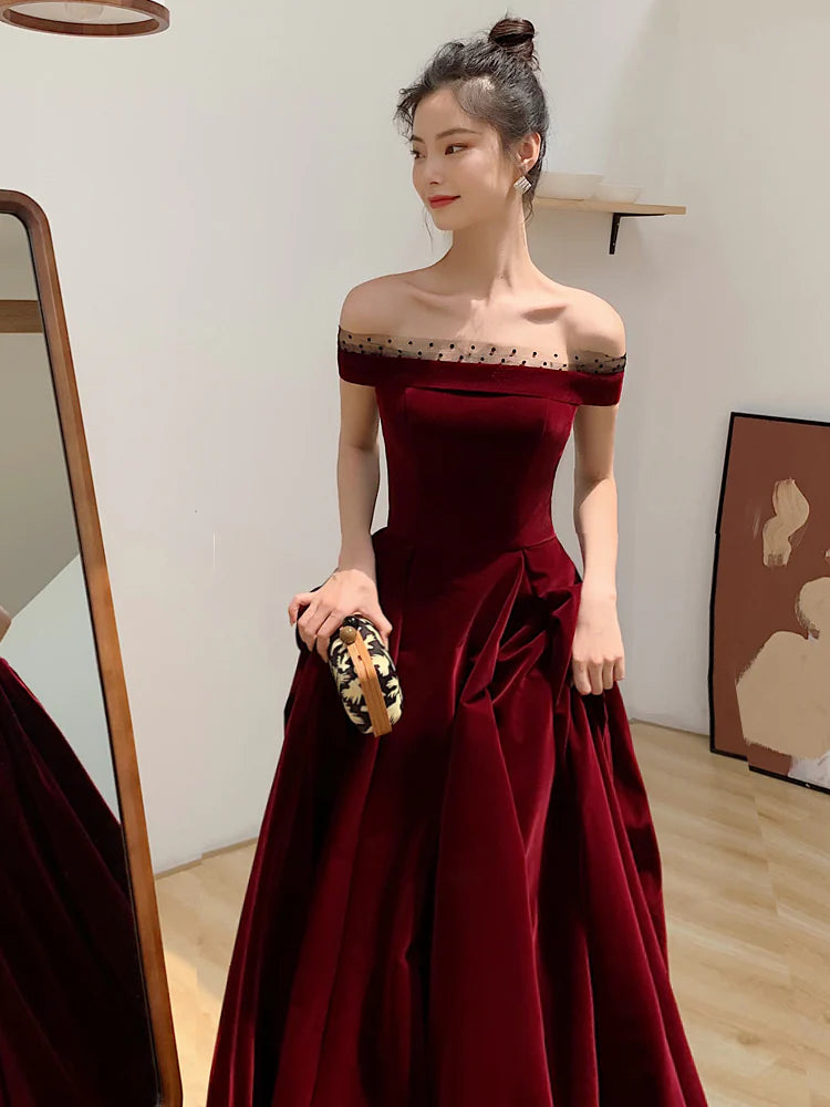 Elegant Burgundy Velvet A-Line Tie Floor Length Party Dress Deep Red Evening Gown Prom Dress nv1792
