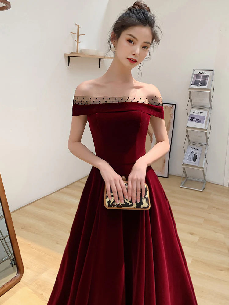 Elegant Burgundy Velvet A-Line Tie Floor Length Party Dress Deep Red Evening Gown Prom Dress nv1792
