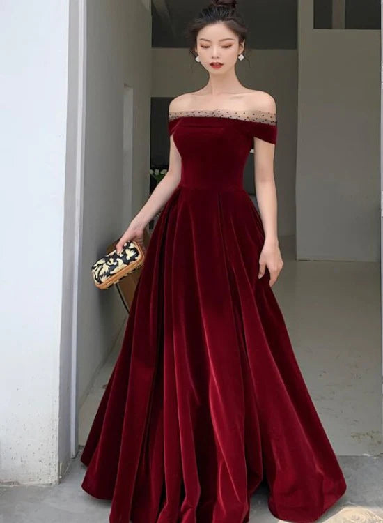 Elegant Burgundy Velvet A-Line Tie Floor Length Party Dress Deep Red Evening Gown Prom Dress nv1792