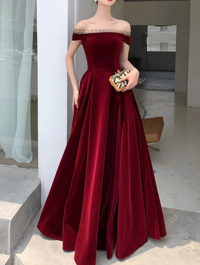 Elegant Burgundy Velvet A-Line Tie Floor Length Party Dress Deep Red Evening Gown Prom Dress nv1792
