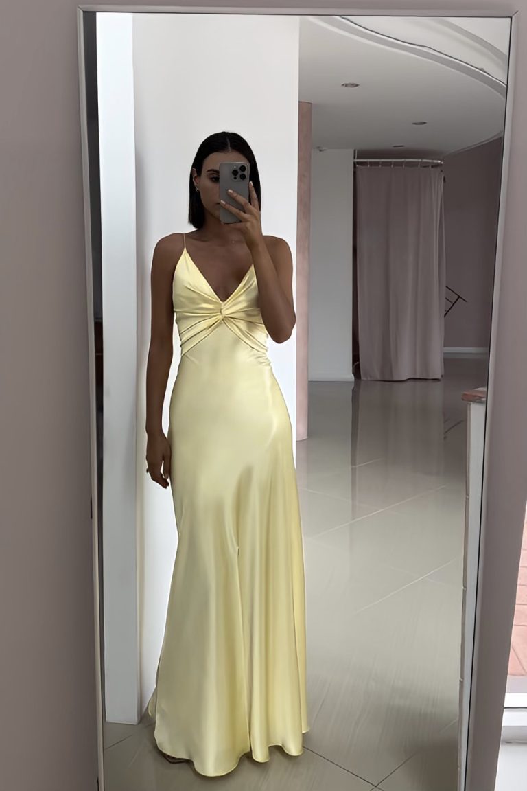 Lemon Yellow Extraordinary Charm Satin Halter Long Dress Spaghetti Straps Elegant Evening Dress Ball nv1667