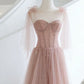 A-Line Pink Round Neck Tulle Long Prom Dresses, Pink Formal Evening Dress nv1528