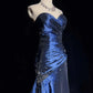 Navy Blue Gorgeous Vintage Exquisite Beading Long Sleeveless Mermaid Satin Long Ball Gown Evening Dress nv3572