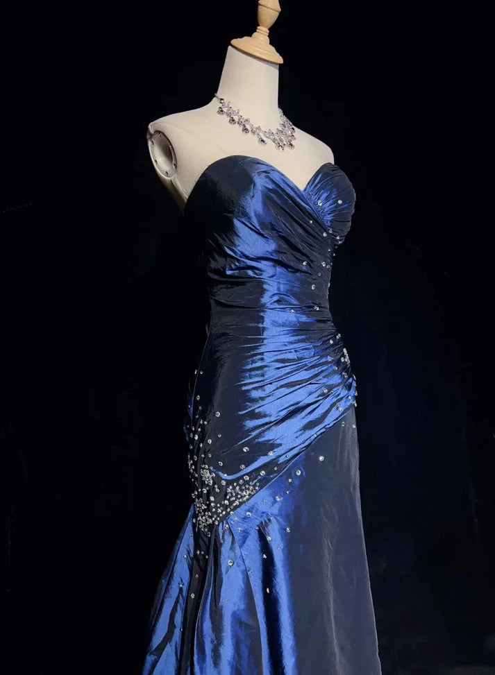 Navy Blue Gorgeous Vintage Exquisite Beading Long Sleeveless Mermaid Satin Long Ball Gown Evening Dress nv3572