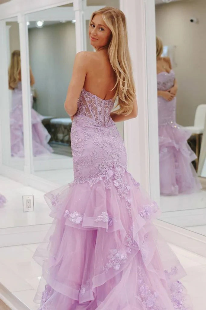 Gorgeous Strapless Mermaid Purple Lace Long Prom Dress Purple Lace Formal Evening Dress Purple Ball Gown  nv1567