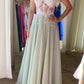 Green White Lace Elegant Long Tulle Ball Gown Evening Dress Party Dress nv4231