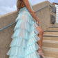 Green Fashion Halter Backless Chiffon Long Ruffled Slit Ball Gown Evening Gown Party Dress nv3545