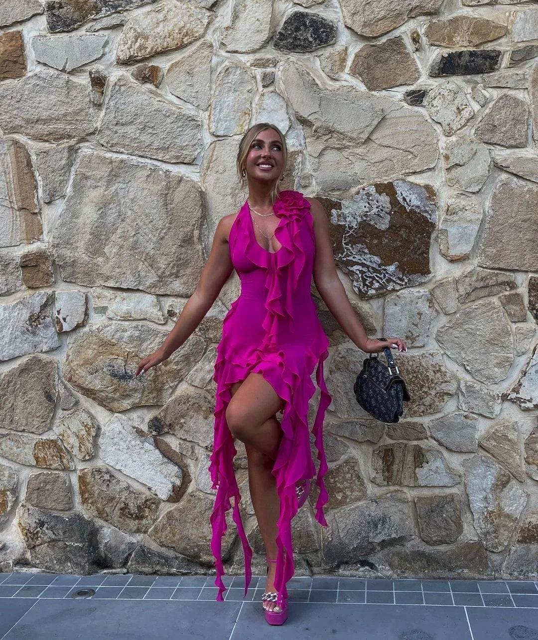 Pink Fashion Elegant Chiffon Short Ruffle Holiday Party Dress nv3877