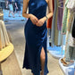 Navy Blue Simple Elegant Halter Neck Off Shoulder Slim Fashion Long Satin Ball Gown Evening Dress Party Dress nv2562
