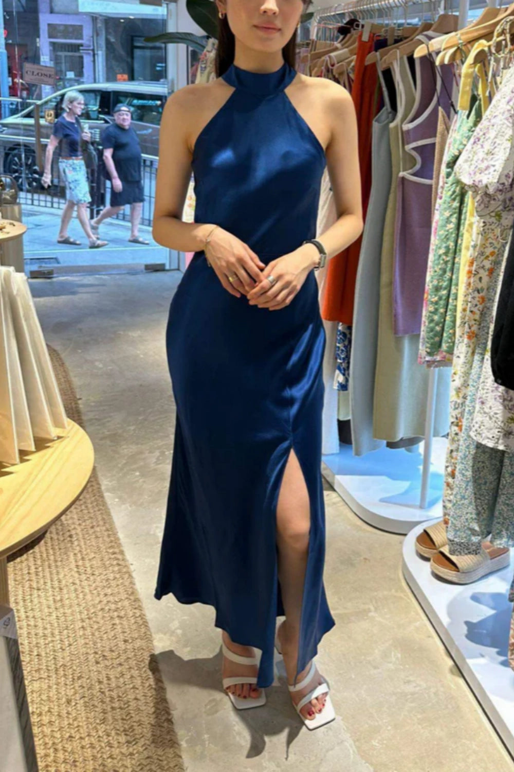 Navy Blue Simple Elegant Halter Neck Off Shoulder Slim Fashion Long Satin Ball Gown Evening Dress Party Dress nv2562
