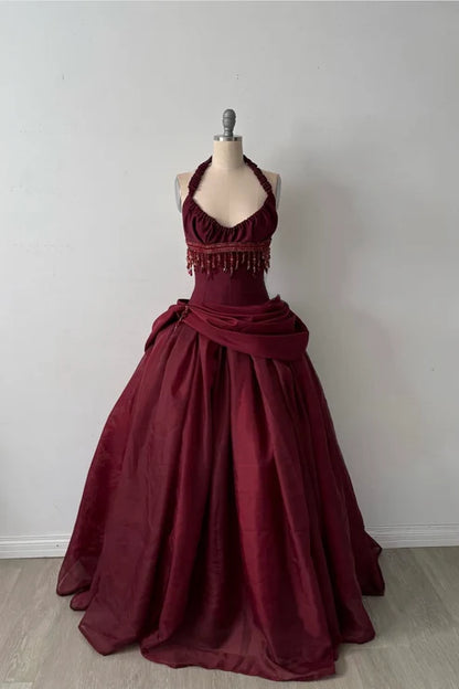 Robe longue dos nu sans manches en satin bordeaux | Robe de bal élégante et luxueuse à franges pour gala NV6299