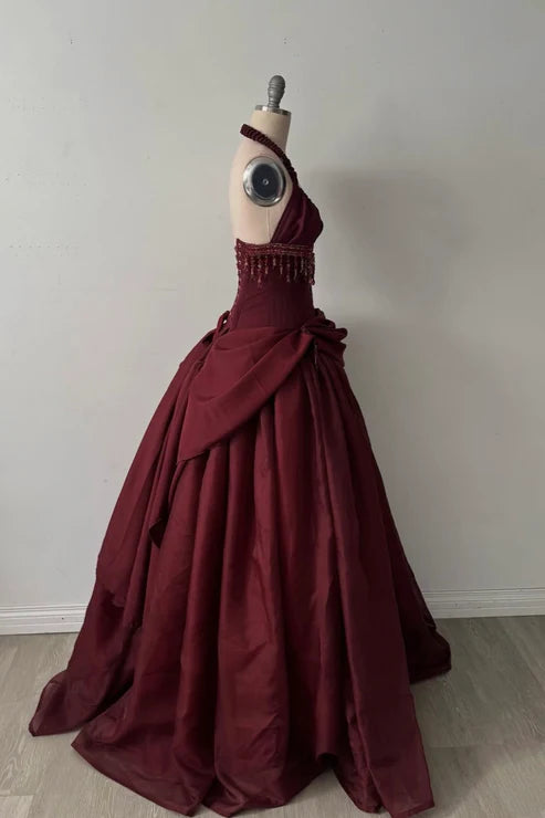 Robe longue dos nu sans manches en satin bordeaux | Robe de bal élégante et luxueuse à franges pour gala NV6299