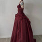 Robe longue dos nu sans manches en satin bordeaux | Robe de bal élégante et luxueuse à franges pour gala NV6299