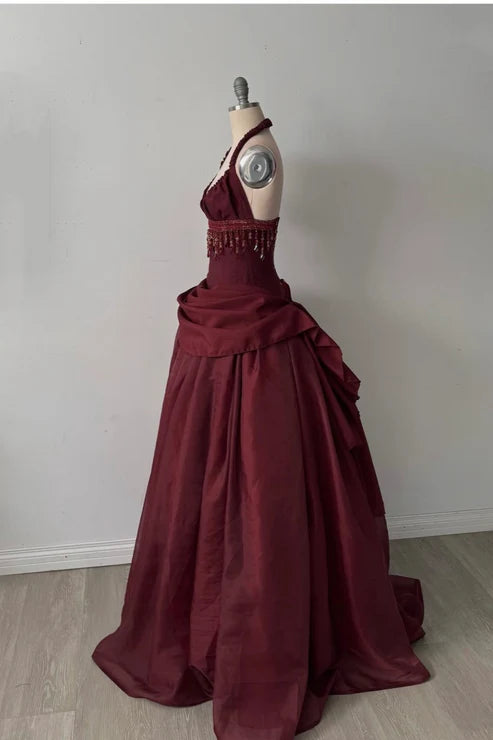 Robe longue dos nu sans manches en satin bordeaux | Robe de bal élégante et luxueuse à franges pour gala NV6299