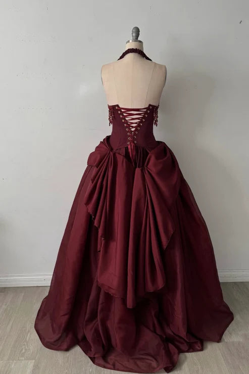 Robe longue dos nu sans manches en satin bordeaux | Robe de bal élégante et luxueuse à franges pour gala NV6299