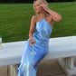 Blue women's halter neckline long satin ball gown evening dress wedding guest dress nv2960