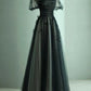 Black Tulle Puffy Short Sleeves A-Line Prom Dress, Black Evening Dress Party Dress nv1698