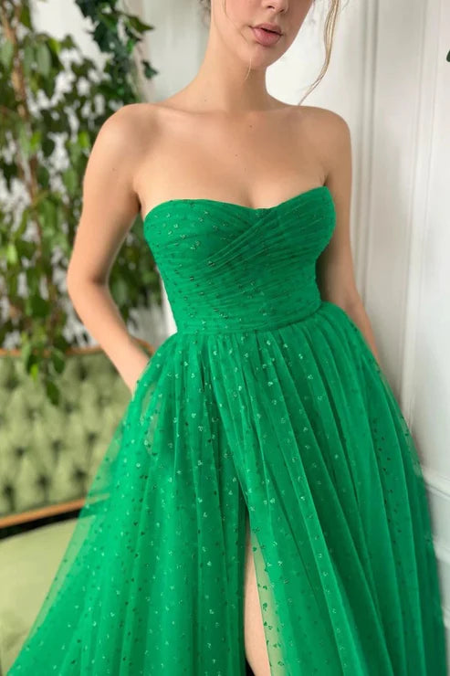 Trendy Green A-line Strapless Sweetheart Sequined Tulle Prom Gown nv1642