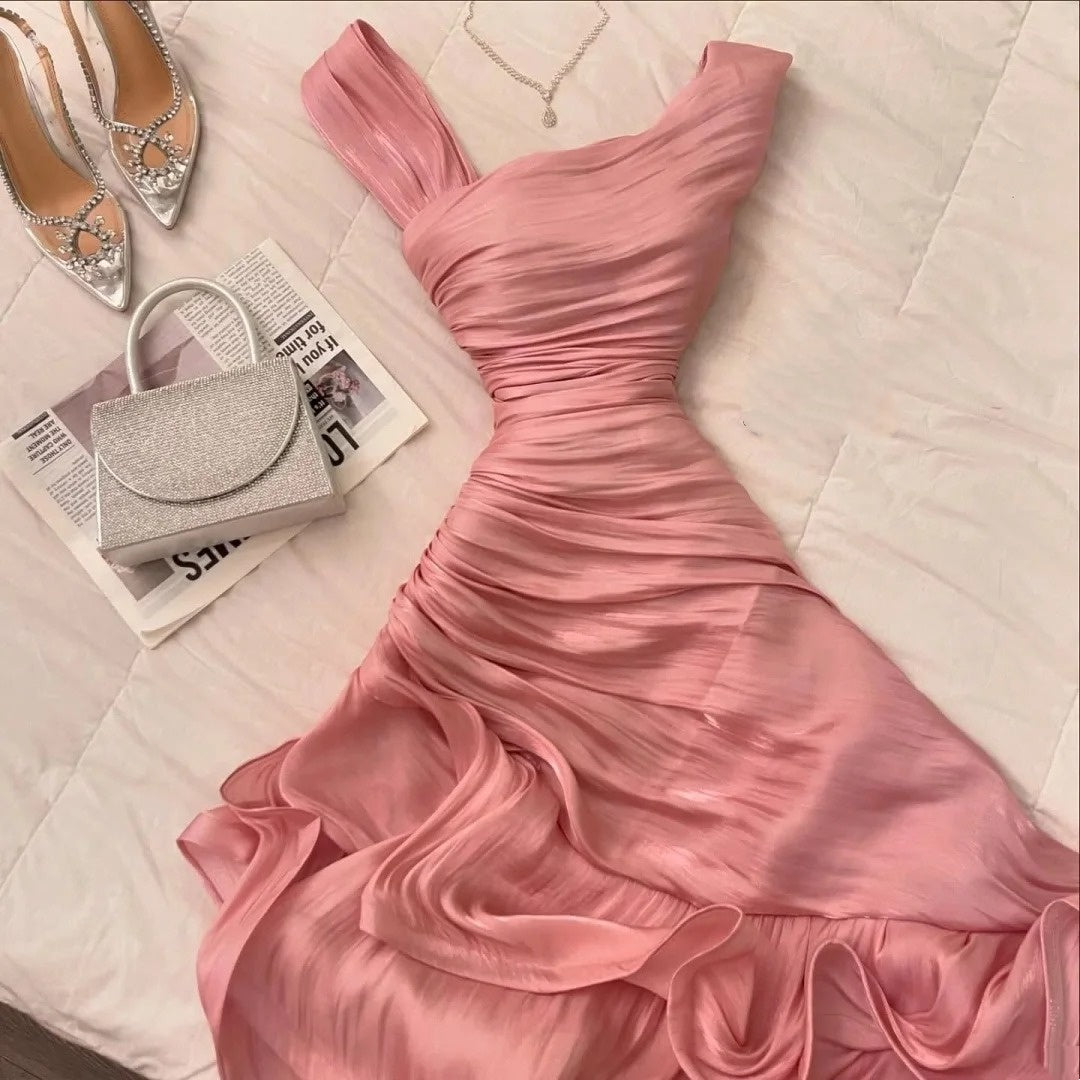 Pink Satin One-shoulder Gown: Banquet Centerpiece Look NV6397