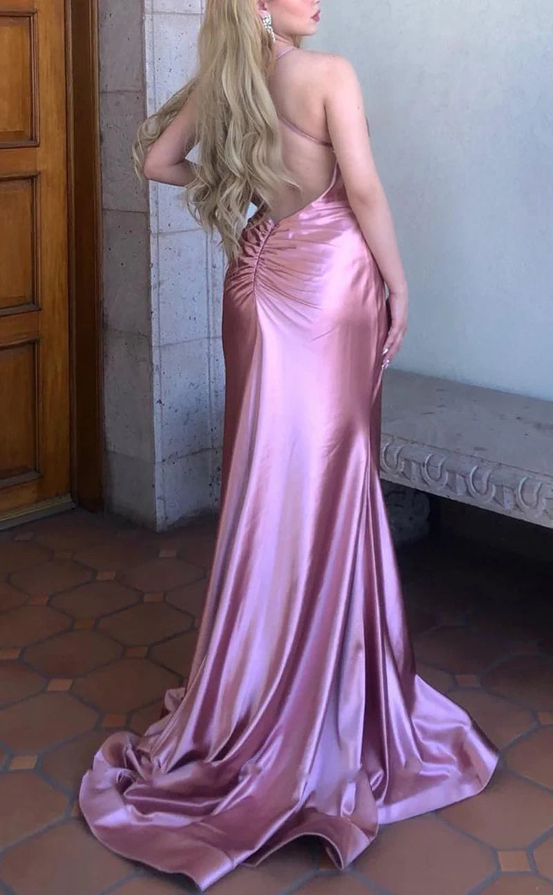 Pink Purple Fashion Elegant V-neck Spaghetti Straps Long Mermaid Slim Satin Sexy Empire Pleated Trailing Party Ball Gown Evening Dress Prom Dress nv3933
