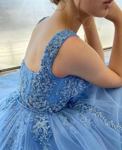 Exquisite 3D Flowers Beads Blue Long Prom Dresses Sweetheart Tulle Bow Sash Floor Length Evening Gowns  nv1641