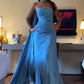 Blue Strapless Pleated A-Line Satin Long Ball Gown Party Dress Evening Gown nv2337