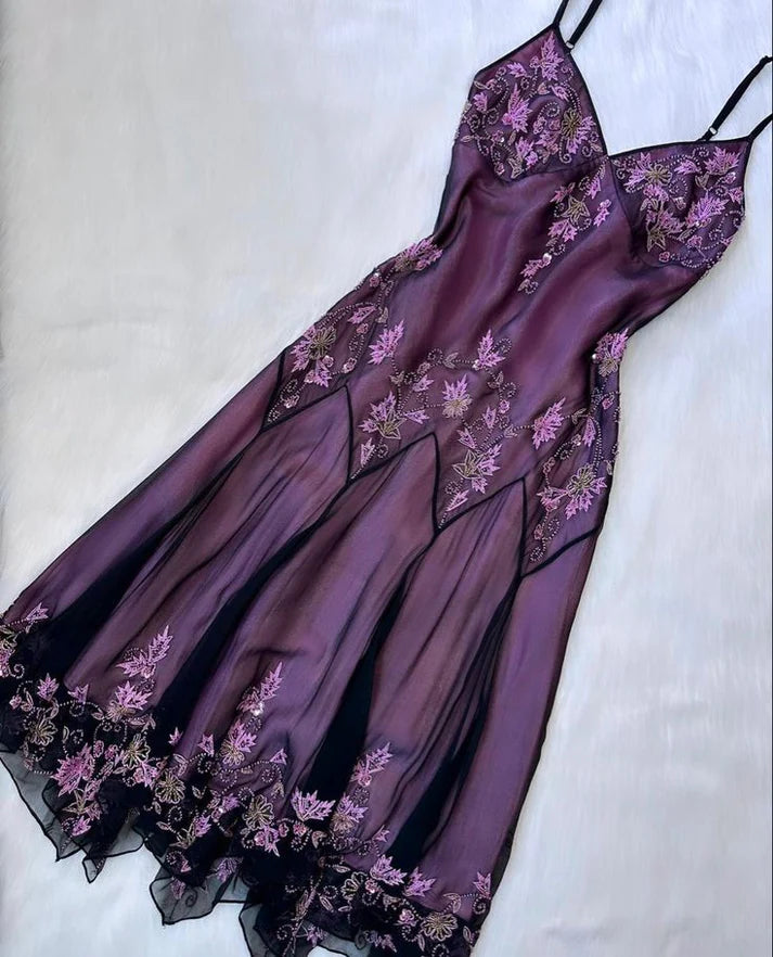 Purple Vintage Fashion Elegant Exquisite Beading Spaghetti Strap Long Chiffon Ball Gown Evening Dress Party Dress nv3586