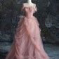 Pink Fashion Elegant Strapless A-line Long Tulle Princess Fairy Formal Prom Party Dress Evening Gown nv3630