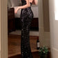 Robe sirène dos nu à sequins noirs : décolleté en V plongeant, traîne ajustée, robe de soirée haut de gamme NV6411