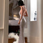 Robe sirène dos nu à sequins gris argenté : décolleté en V plongeant, traîne ajustée, robe de soirée idéale pour un banquet NV6410