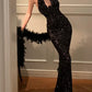 Robe sirène dos nu à sequins noirs : décolleté en V plongeant, traîne ajustée, robe de soirée haut de gamme NV6411