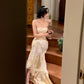 Robe brodée style diva française : tulle transparent, longue traîne, robe de soirée haut de gamme NV6415