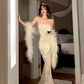 Robe brodée style diva française : tulle transparent, longue traîne, robe de soirée haut de gamme NV6415