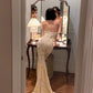 Robe brodée style diva française : tulle transparent, longue traîne, robe de soirée haut de gamme NV6415