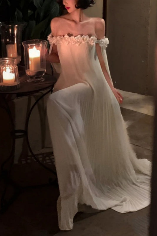 Robe de soirée française à fleurs 3D, épaules dénudées : mousseline plissée, ceinture dos nu, robe style station thermale féerique NV6402