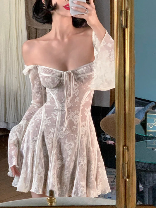 Retro Black/Beige Lace Off-the-shoulder Mini Dress: Lace-up Waist, Sheer Long Sleeve, Fairy-style Party Dress NV6417