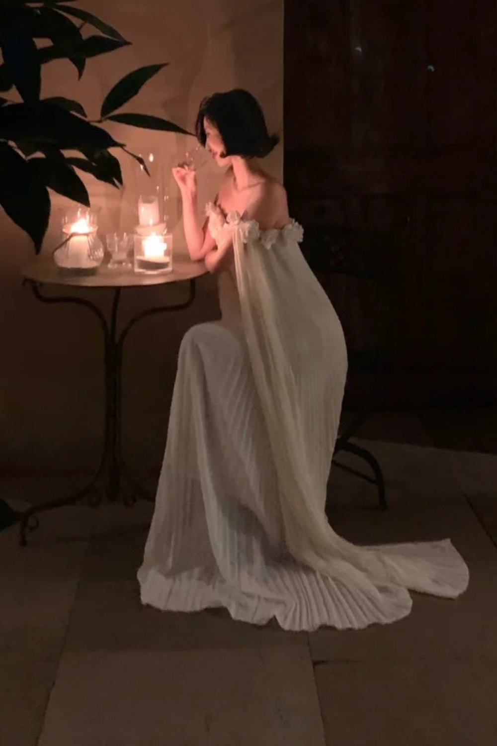 Robe de soirée française à fleurs 3D, épaules dénudées : mousseline plissée, ceinture dos nu, robe style station thermale féerique NV6402