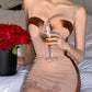 Robe nuisette en satin rose nude à baleines : coussinets 3D au niveau de la poitrine, bordure en dentelle, robe moulante Pure Desire Hot Girl NV6406