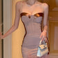 Robe nuisette en satin rose nude à baleines : coussinets 3D au niveau de la poitrine, bordure en dentelle, robe moulante Pure Desire Hot Girl NV6406