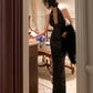 Robe sirène dos nu à sequins noirs : décolleté en V plongeant, traîne ajustée, robe de soirée haut de gamme NV6411